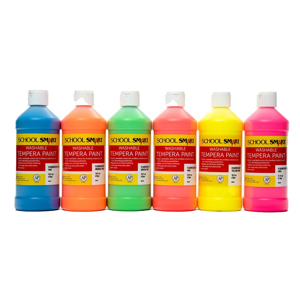School Smart Washable Tempera Paints, 1 Pint Bottles, Assorted Neon Fluorescent Colors, Set of 6 2002798